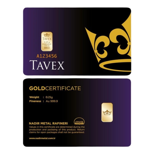 Złota sztabka 0,25 g Au próba 999.9 Tavex - LBMA - w certipaku na prezent
