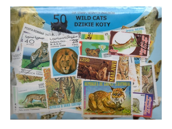 Pakiet 50 znaczków pocztowych - DZIKIE KOTY