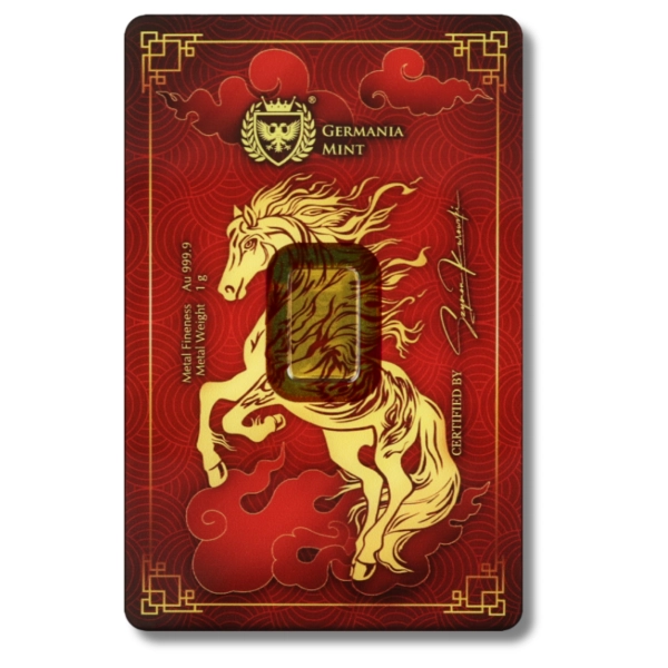 Złota sztabka 1 g Au 999.9 Germania Mint Horse - chiński rok konia, kolekcjonerska złota sztabka inwestycyjna