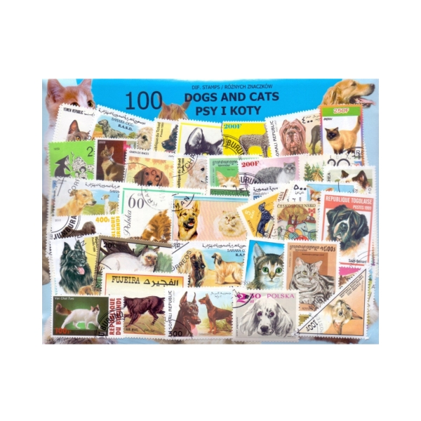 Pakiet 100 znaczków pocztowych - PSY I KOTY