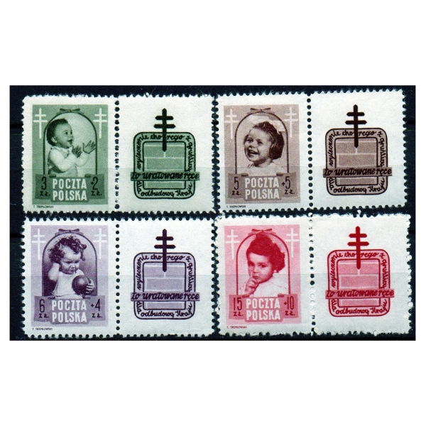 1948 Fi. 485-488 + Pw6 Walka z gruźlicą ** seria z przywieszką