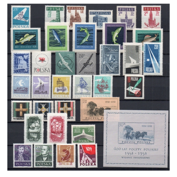 Zbiór znaczków z roku 1958 czyste ** Fi. 900-934 + 940 + blok 21 ** bez serii lotniczej