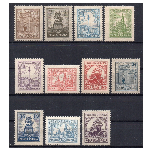 1925 Fi. 205 - 215 ** Zabytki i żaglowiec seria znaczków