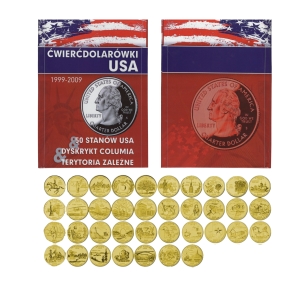 Kolekcja pozłacanych monet 25-centowych (State Quarters) – 50 stanów w dedykowanym klaserze