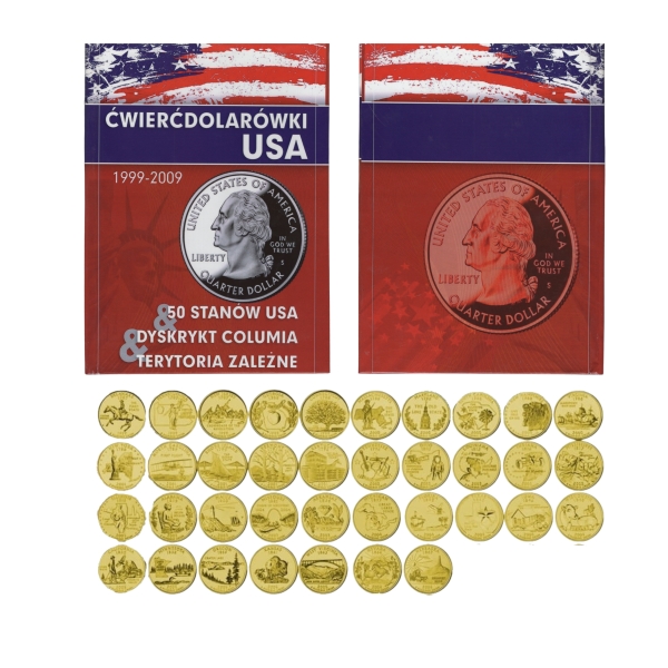 Kolekcja pozłacanych monet 25-centowych (State Quarters) – 50 stanów w dedykowanym klaserze