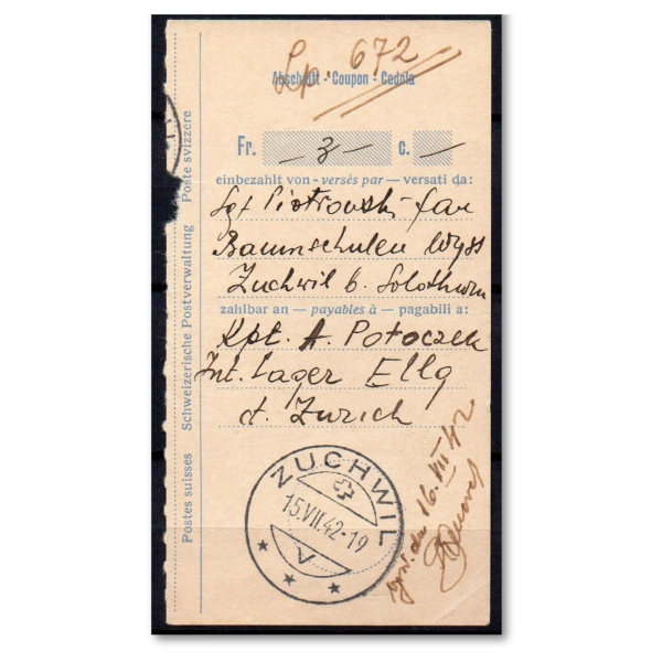 Potwierdzenie przekazu pieniężnego Zuchwil (Szwajcaria) 1942 rok - Lp. 672 - gwarancja Korszeń
