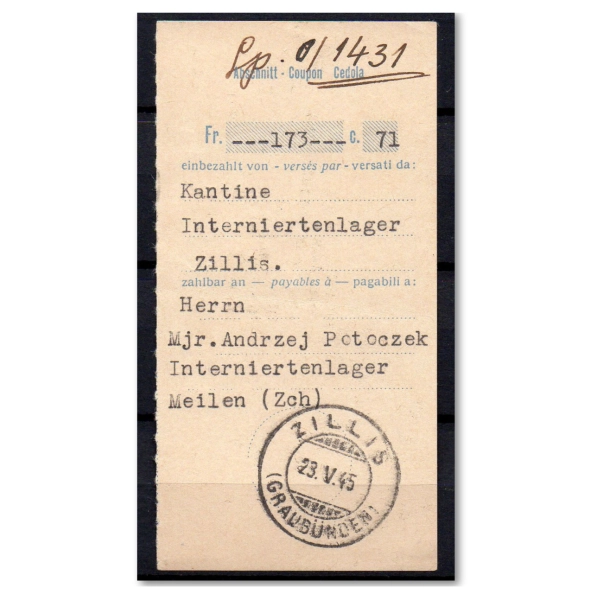 Potwierdzenie przekazu pieniężnego Zillis (Szwajcaria) 1940 rok - Lp. 0/1431 - gwarancja Korszeń