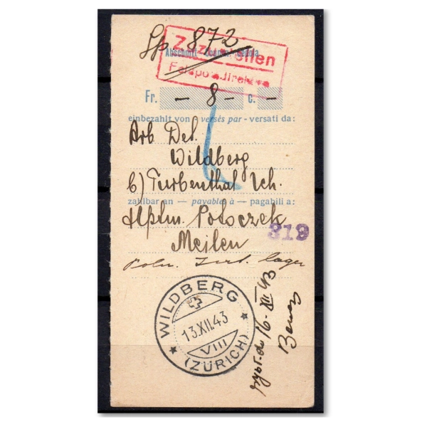 Potwierdzenie przekazu pieniężnego Wildberg (Zurich) 1943 rok - Lp. 872 - gwarancja Korszeń