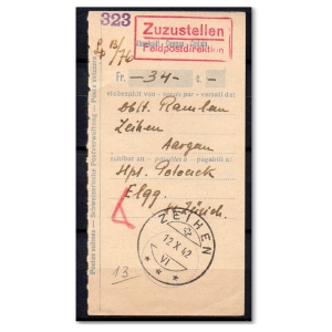 Potwierdzenie przekazu pieniężnego Zeihen (Szwajcaria) 1942 rok - Lp. 13/76 - gwarancja Korszeń