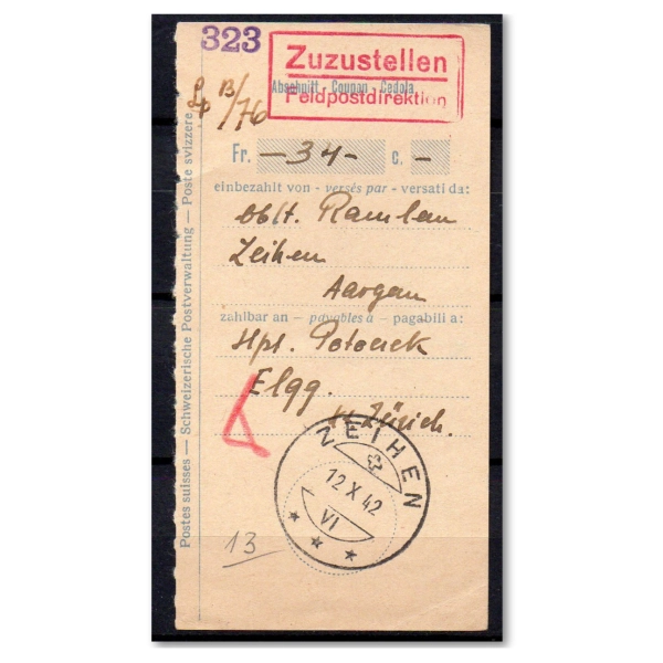 Potwierdzenie przekazu pieniężnego Zeihen (Szwajcaria) 1942 rok - Lp. 13/76 - gwarancja Korszeń