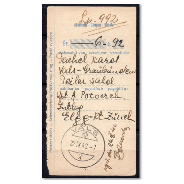 Potwierdzenie przekazu pieniężnego Vals (Szwajcaria) 1942 rok - Lp. 992 - gwarancja Korszeń
