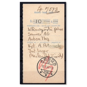 Potwierdzenie przekazy pieniężnego Arbon 1944