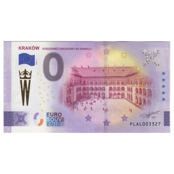 2025 banknot 0 euro - Kraków dziedziniec Arkadowy na Wawelu złote W