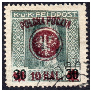 1918 Fi. 22b kasowany Wydanie lubelskie 10/30 halerzy nadruk fioletowobrązowy