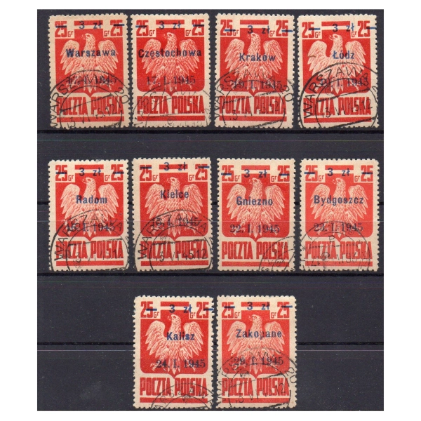 1945 Fi. 348 - 357 kasowane Wyzwolenie 10 miast - seria znaczków