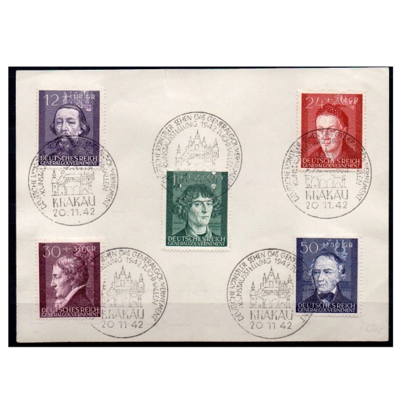 1942 GG Fi. kasownik Kraków 26 Wystawa twórców na karcie Fi. 96-100