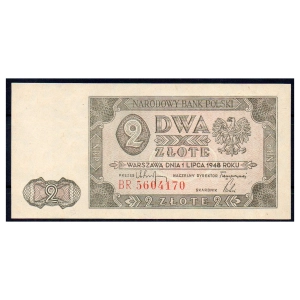 Banknot 2 złote 1948 UNC seria BR 5604170 stan 1/-1