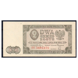 Banknot 2 złote 1948 UNC seria BR 5604171 stan 1/-1