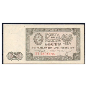 Banknot 2 złote 1948 UNC seria BR 5604184 stan 1/-1