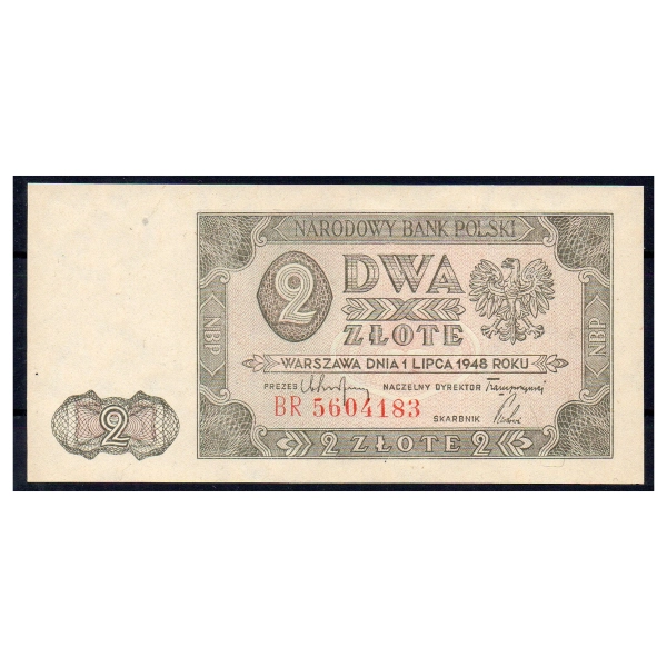 Banknot 2 złote 1948 UNC seria BR 5604183 stan 1/-1