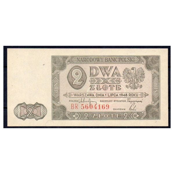 Banknot 2 złote 1948 UNC seria BR 5604169 stan 1/-1