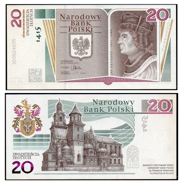2015 20 zł banknot kolekcjonerski Długosz - bez etui i folderu lekko zagięty