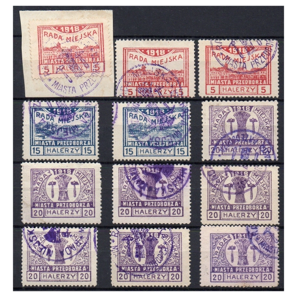 Przedbórz 1918 Fi. 15-17-18 B znaczki kasowane gwarancje