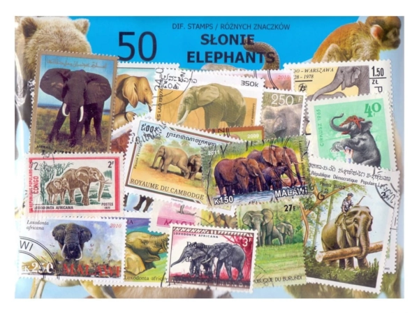 Pakiet 50 znaczków pocztowych - SŁONIE