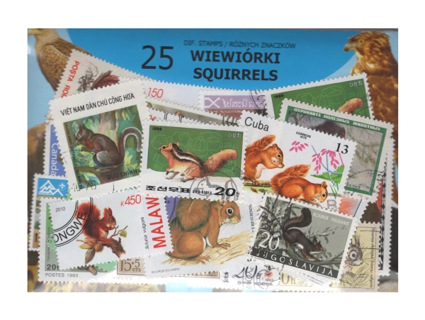 Pakiet 25 znaczków pocztowych - WIEWIÓRKI