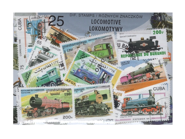 Pakiet 25 znaczków pocztowych - LOKOMOTYWY