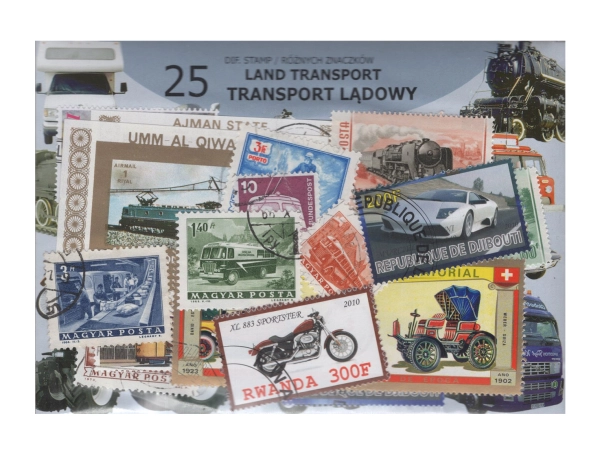 Pakiet 25 znaczków pocztowych - TRANSPORT LĄDOWY