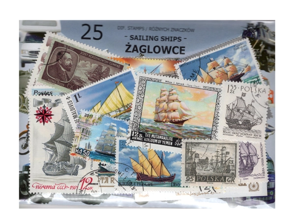 Pakiet 25 znaczków pocztowych - ŻAGLOWCE