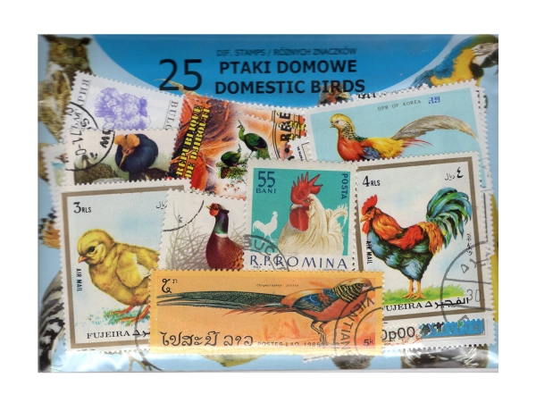 Pakiet 25 znaczków pocztowych - PTAKI DOMOWE