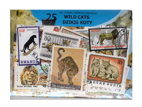 Pakiet 25 znaczków pocztowych - DZIKIE KOTY